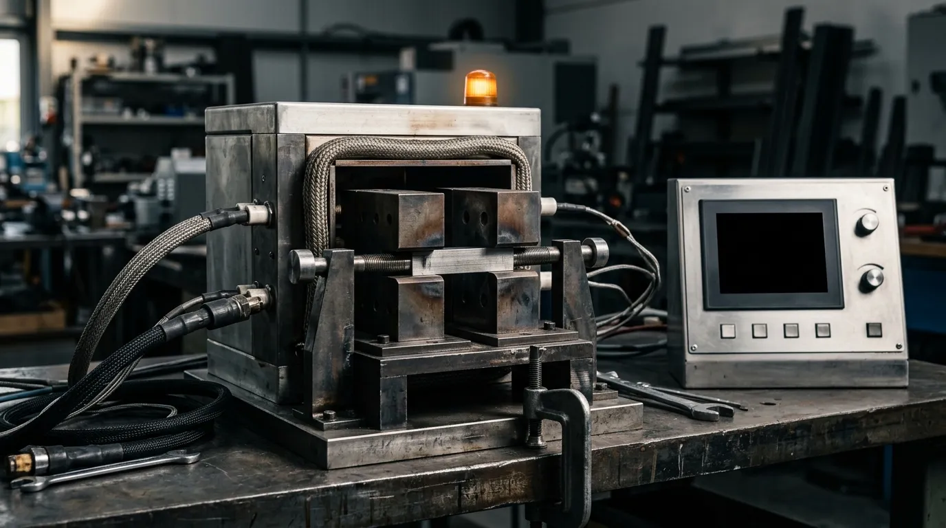 Materials lab test fixture clamping a metal sample between heated blocks with coolant hoses attached