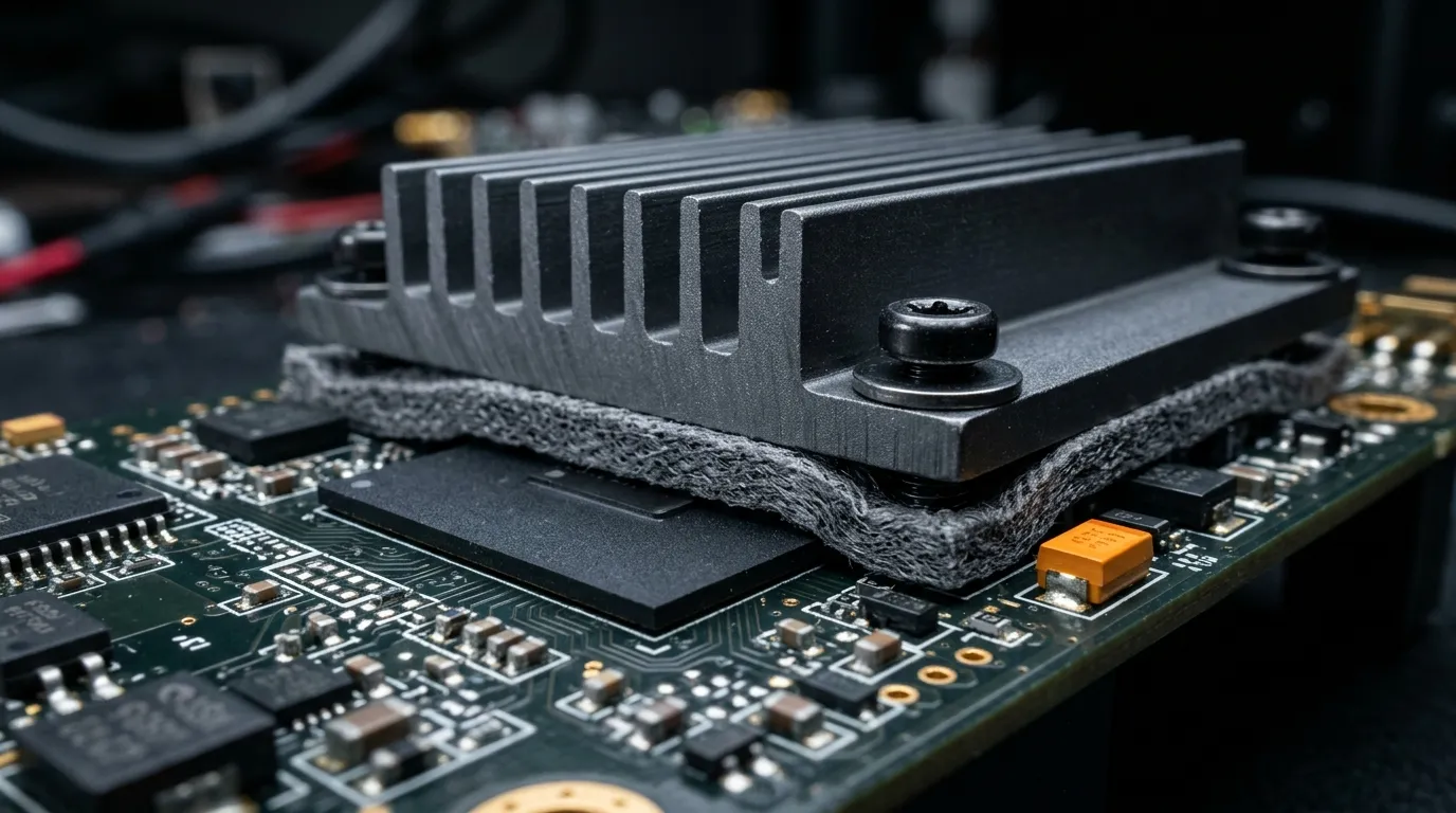 A dark thermal conductive EMI absorbing pad seated between a chip and its heat sink on an RF board