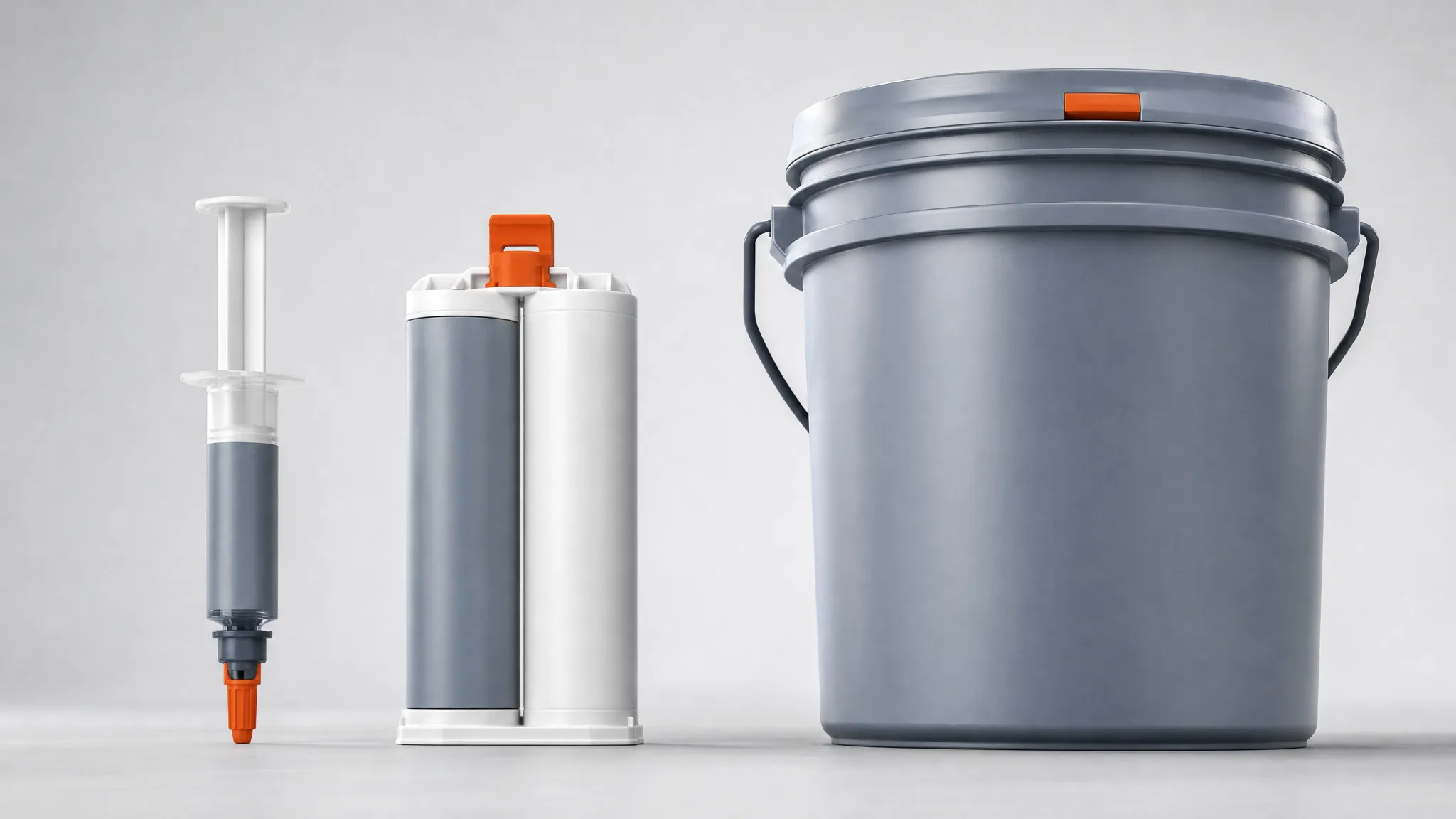 Three unbranded dispensing formats for a one-part thermal gel: syringe, cartridge and large pail