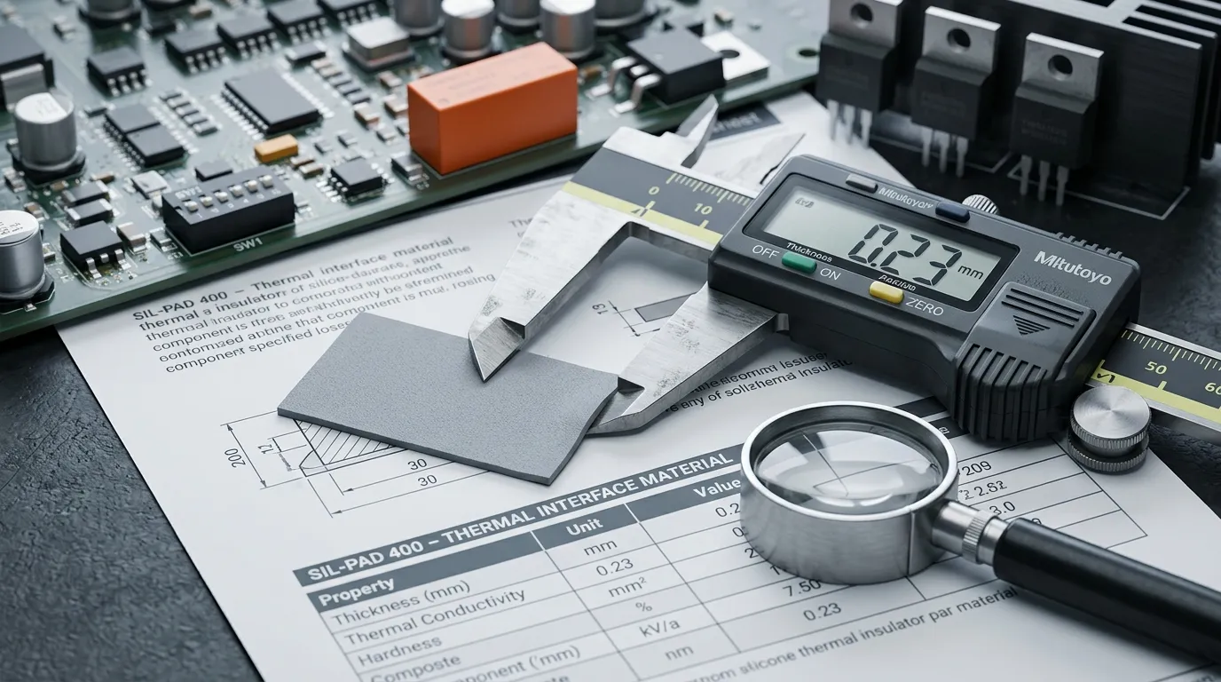 Sil-pad type insulator pad, datasheet and calipers on a workbench during the five-number selection pass