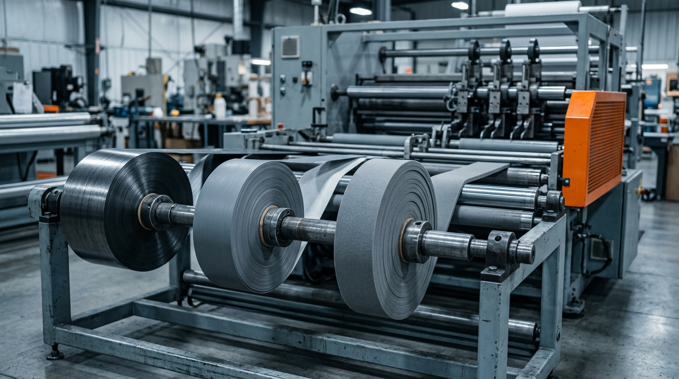 Rolls of thermal materials including graphite sheet and silicone pad stock on a converting line, ready for precision slitting and skiving