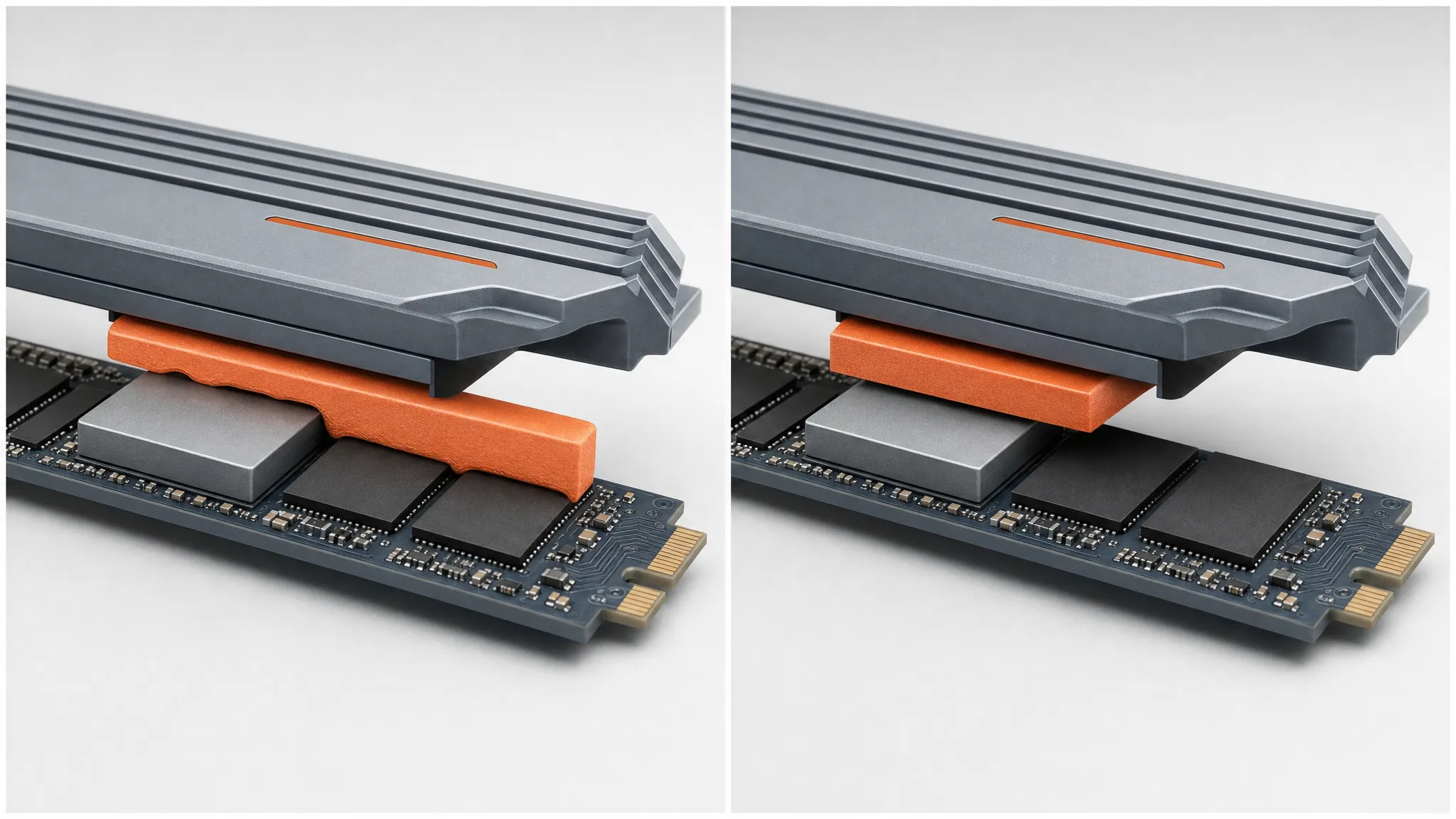 Soft versus firm M.2 thermal pad under a heat shield: the soft grade reaches the short chips, the firm one bridges only the tall controller