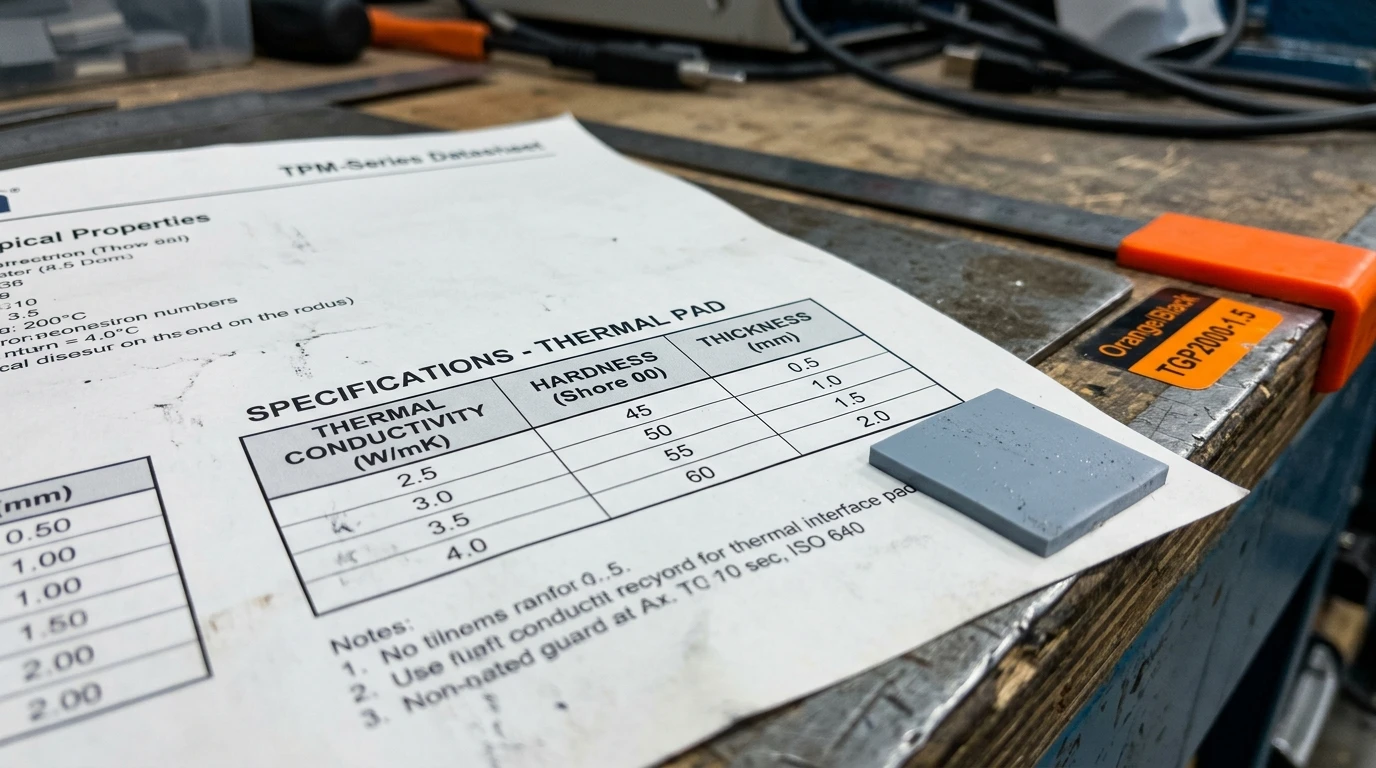 Thermal pad datasheet section listing W/mK thermal conductivity, Shore 00 hardness and thickness that engineers must match for a drop-in replacement