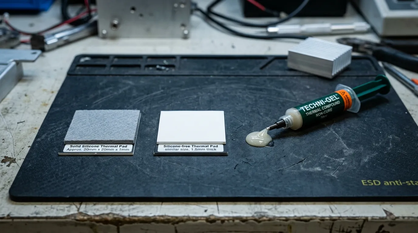 Three thermal interface materials side by side: solid silicone pad, silicone-free pad and thermal gel, showing the form-factor decision in pad selection