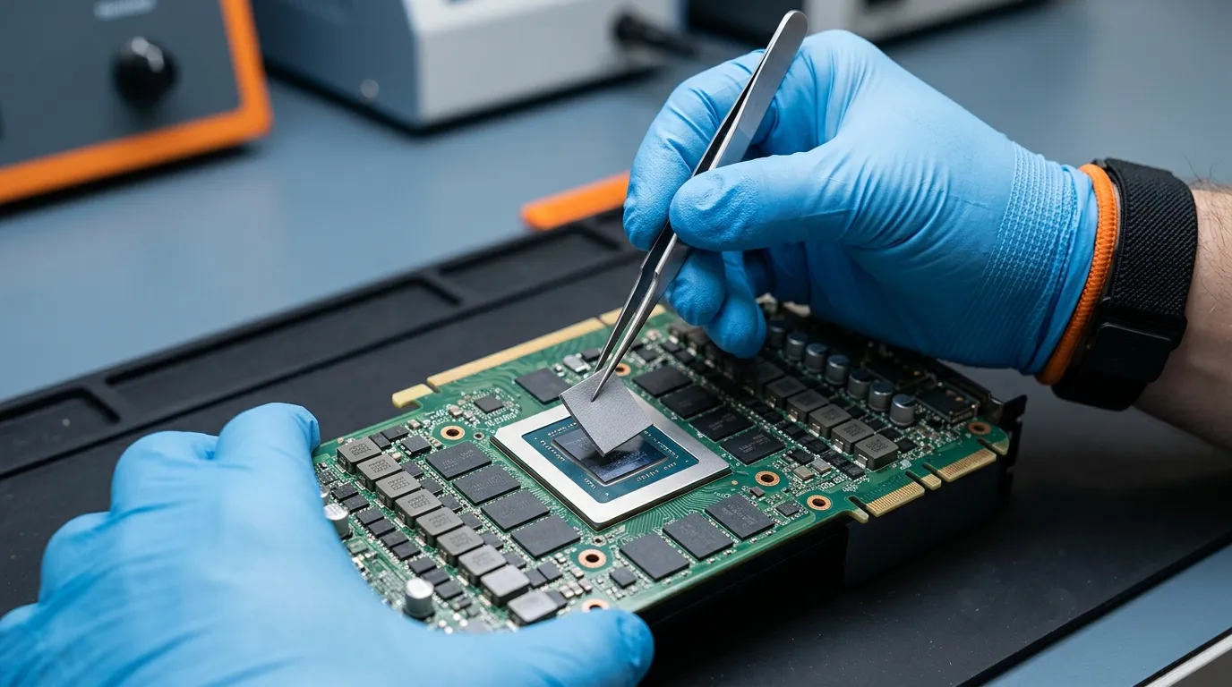 Technician in ESD gloves placing a die-cut grey thermal pad onto a GPU substrate with tweezers