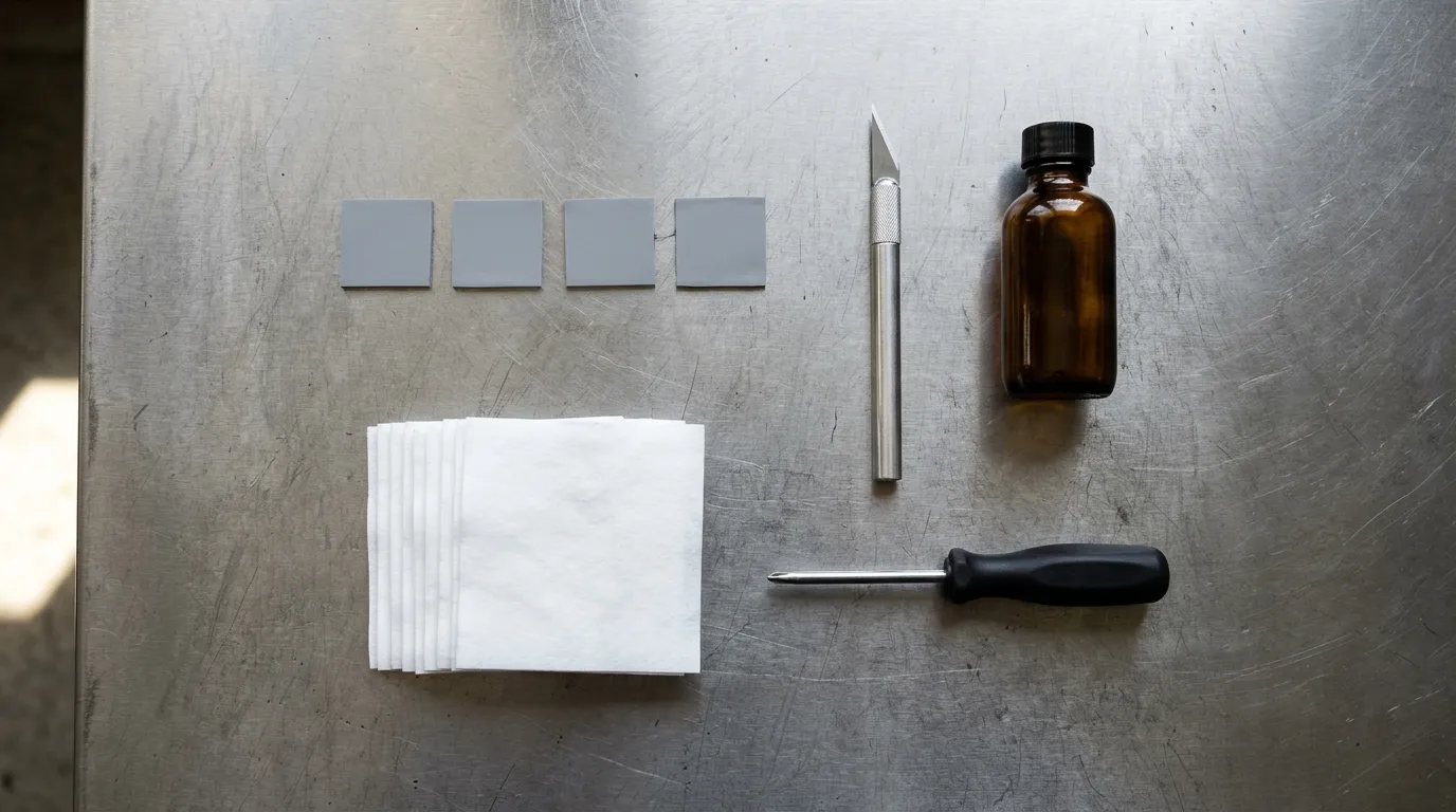 Thermal pad replacement kit on a steel bench: cut pad squares, craft knife, alcohol, wipes and a screwdriver