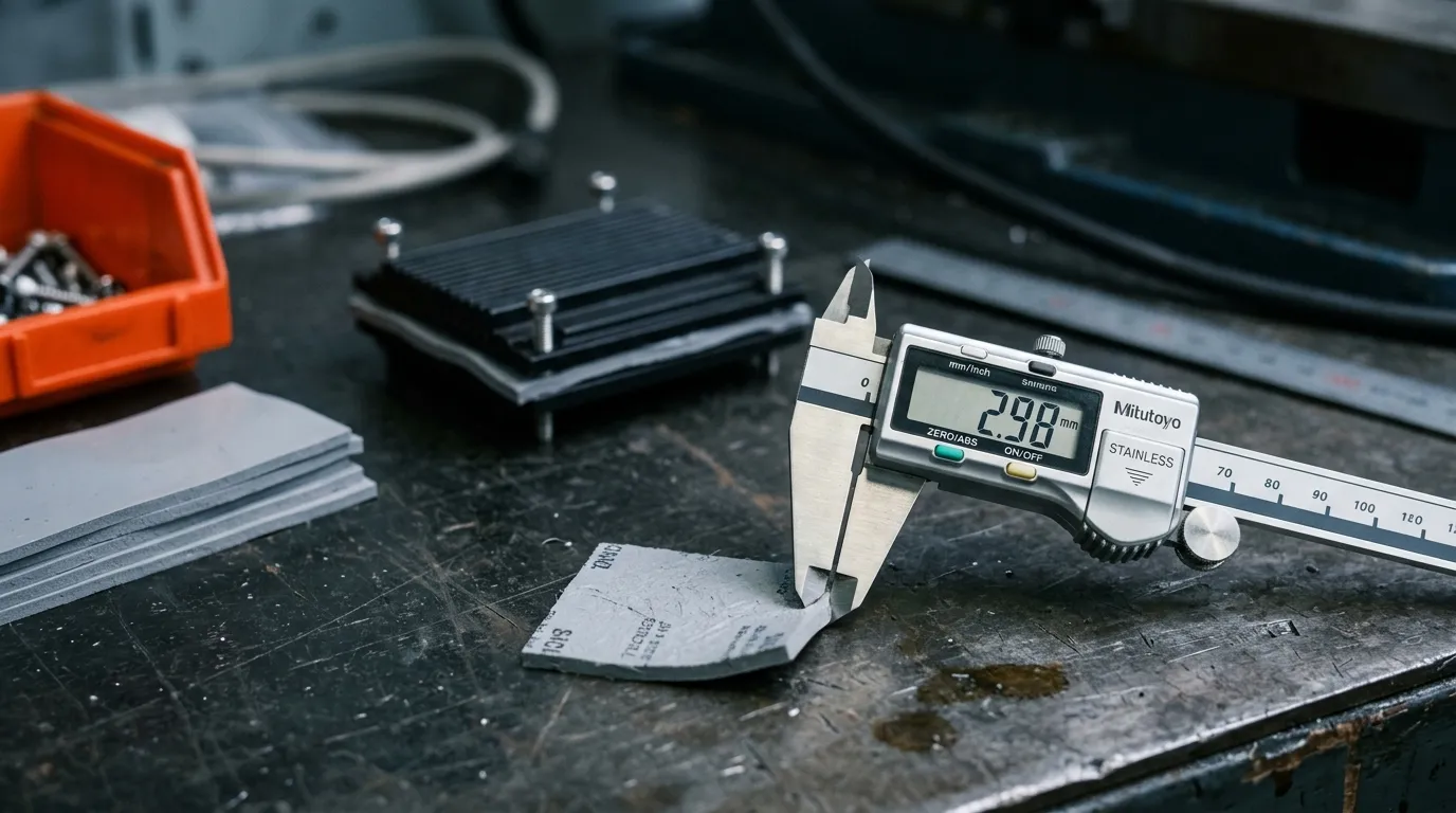 Calipers measuring a thermal pad's thickness, the dimension that sets compression and thermal impedance in a drop-in replacement