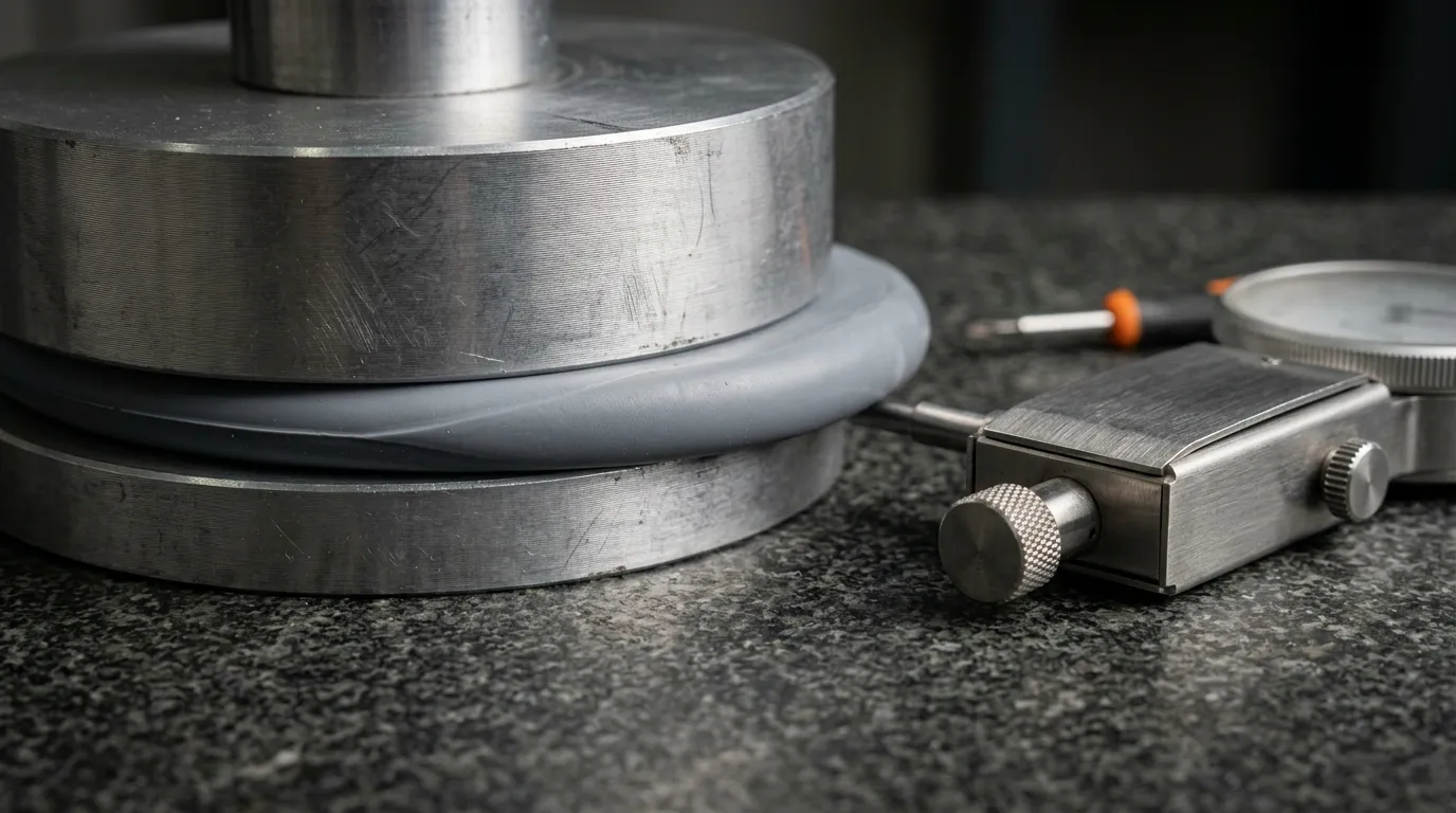 A soft grey thermal pad compressed between two machined platens on a granite plate, with a gauge measuring its thickness