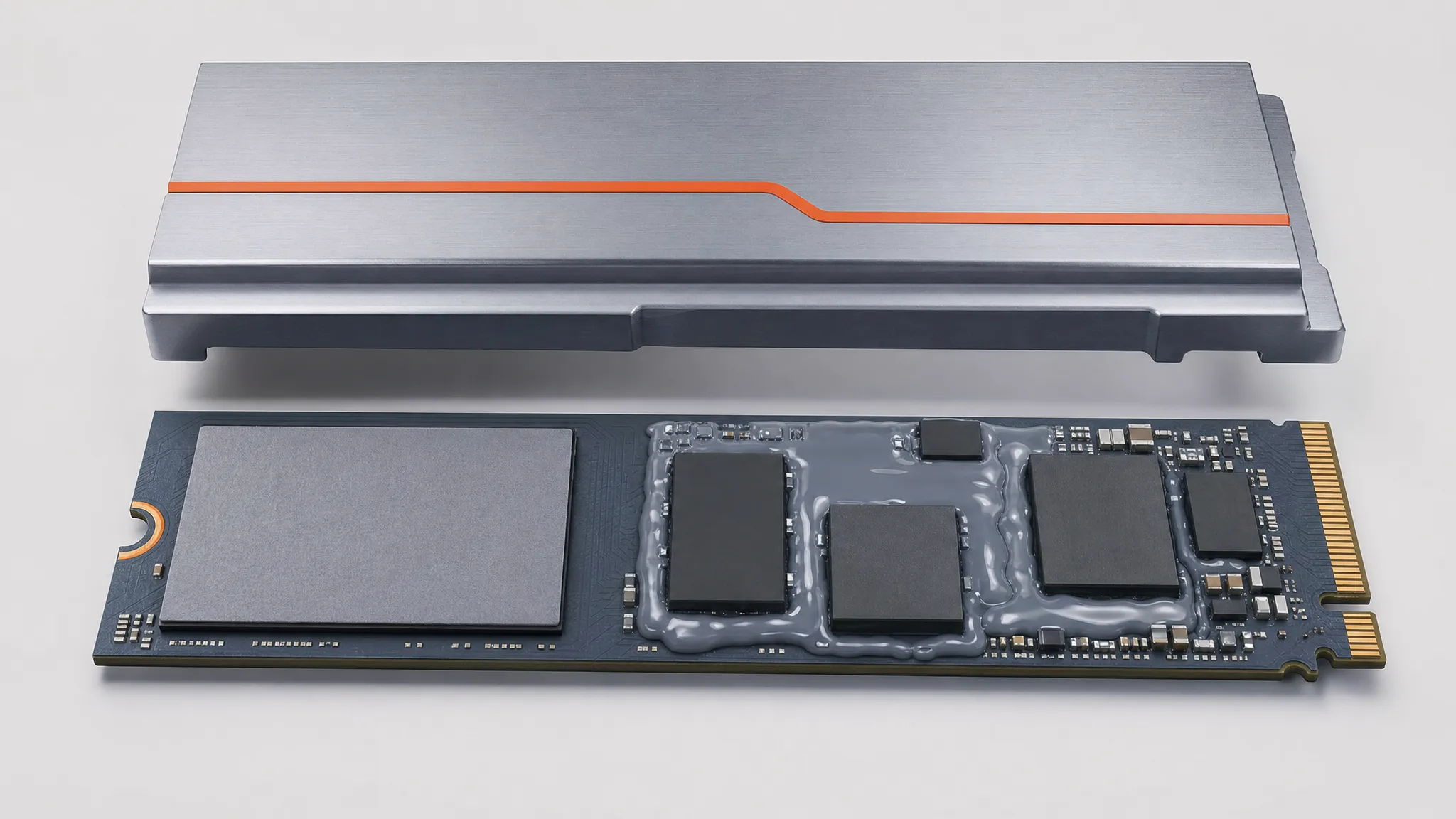 Comparison on one M.2 board: a pre-cut grey pad on a single chip on the left, and dispensed grey thermal gel filling the uneven gaps around several chips on the right