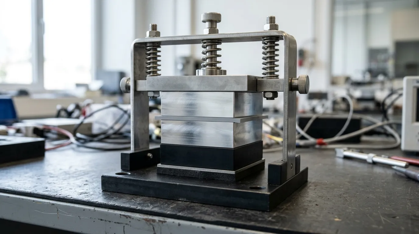 Laboratory thermal test stack with a thin pad clamped between polished aluminium blocks under a spring frame