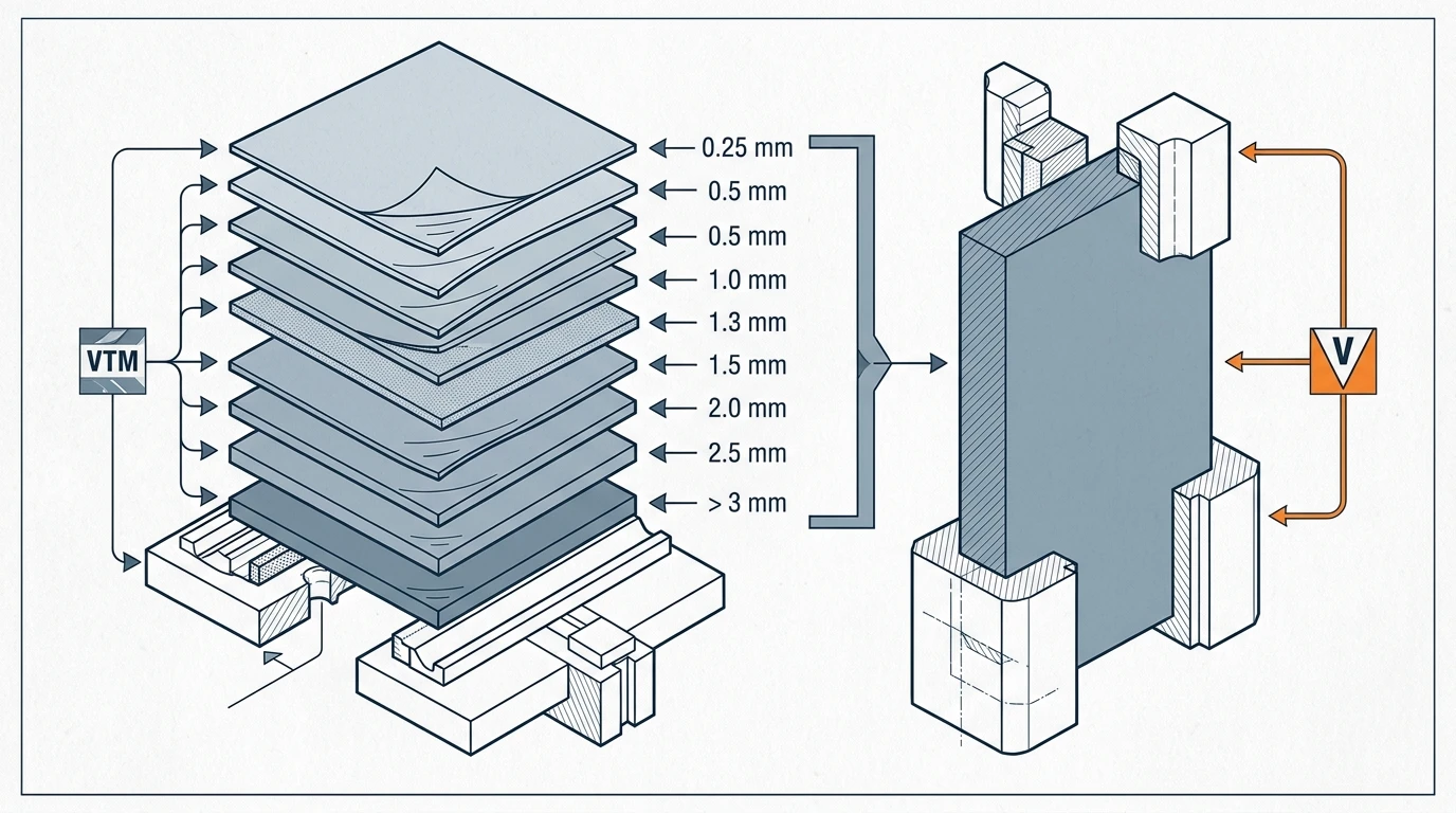 Thickness-based flammability rating map showing thin thermal pads and tapes rated VTM-0 and thicker self-supporting pads rated V-0