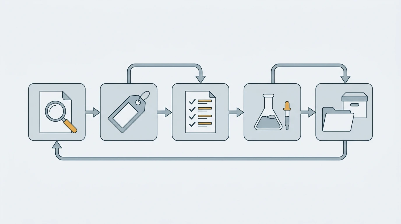 Five-step thermal material compliance verification workflow, with a loop returning from the final filing step to the first