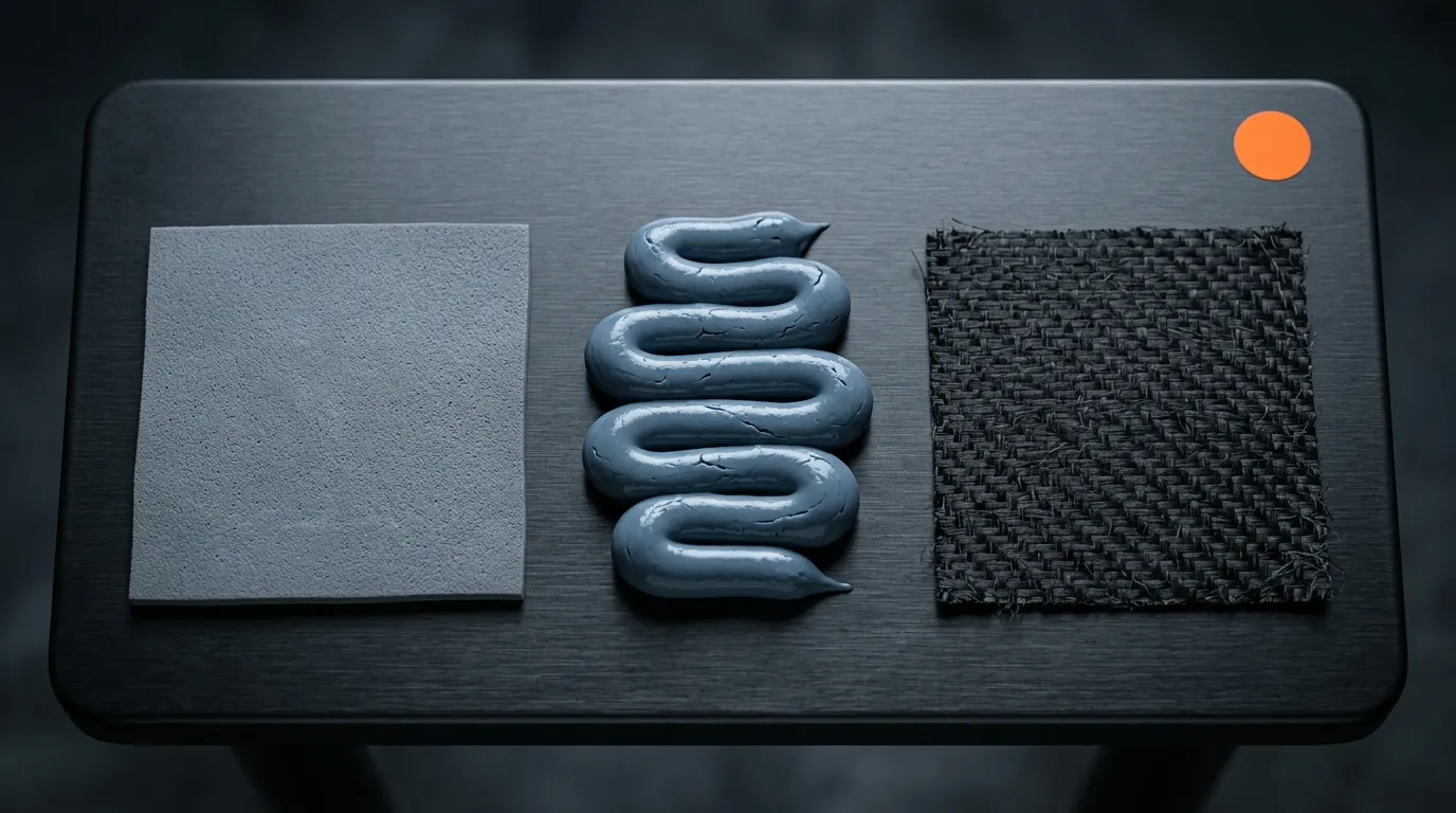 Three thermal interface formats side by side: a grey silicone pad, a bead of blue-grey gap-filler gel and a thin black carbon-fibre pad