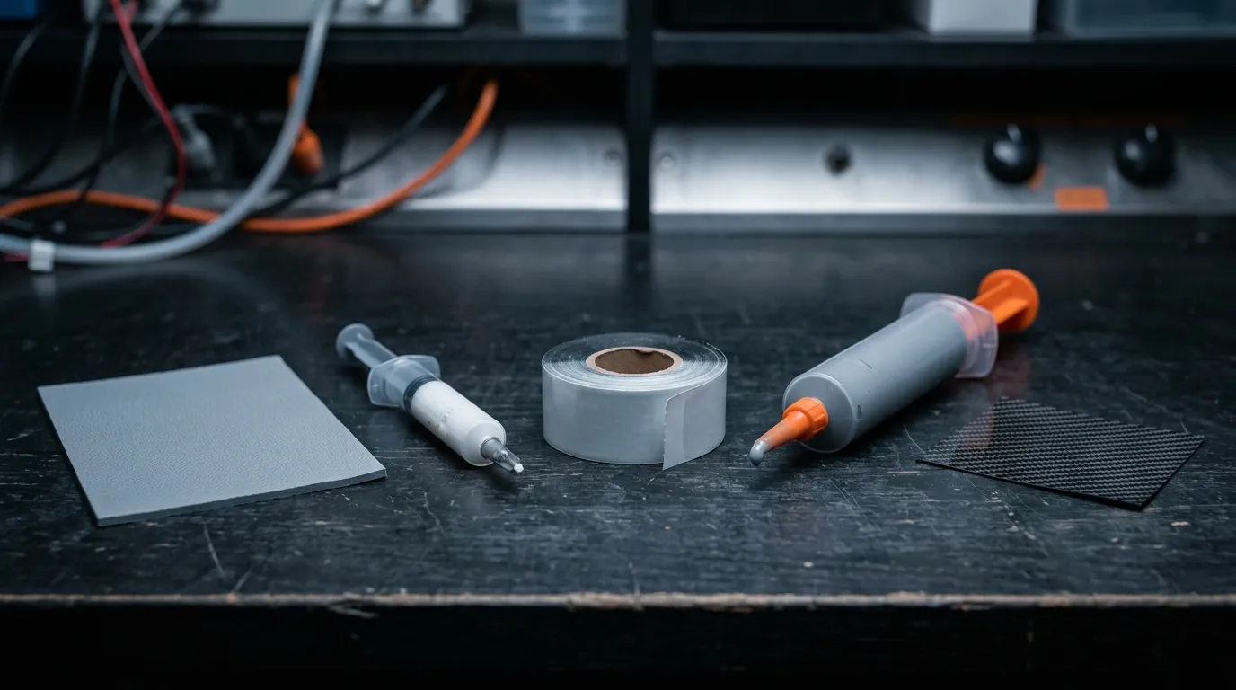 Five thermal interface material formats — silicone pad, grease syringe, PCM film, gel cartridge, carbon fiber pad — arranged on a dark lab bench