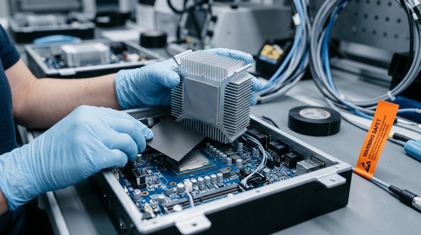Ultra-thin graphite heat-spreading sheet and a thermal pad applied between a processor package and a heat sink inside an electronic module