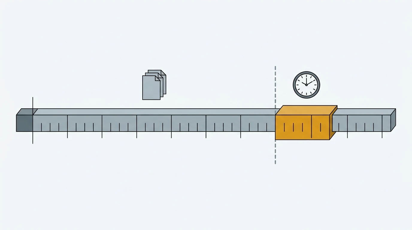 Timeline bar with tick marks spanning a long look-back period, a dashed divider and an amber highlighted filing window marked by a clock icon