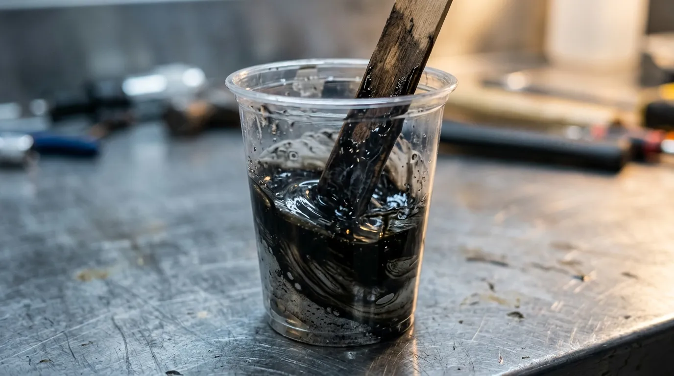 Two-part epoxy potting compound being mixed in a cup before pouring into a power module housing