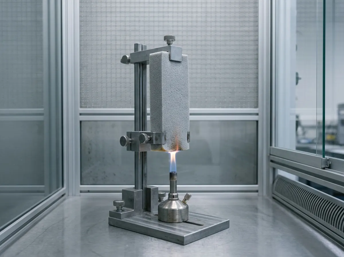 UL 94 V-0 vertical burn test on a clamped silicone foam specimen in a test chamber