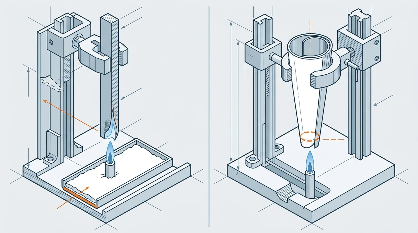 Side-by-side schematic of the UL 94 vertical burn test with a self-supporting bar specimen and the VTM thin-material test with a rolled cone specimen