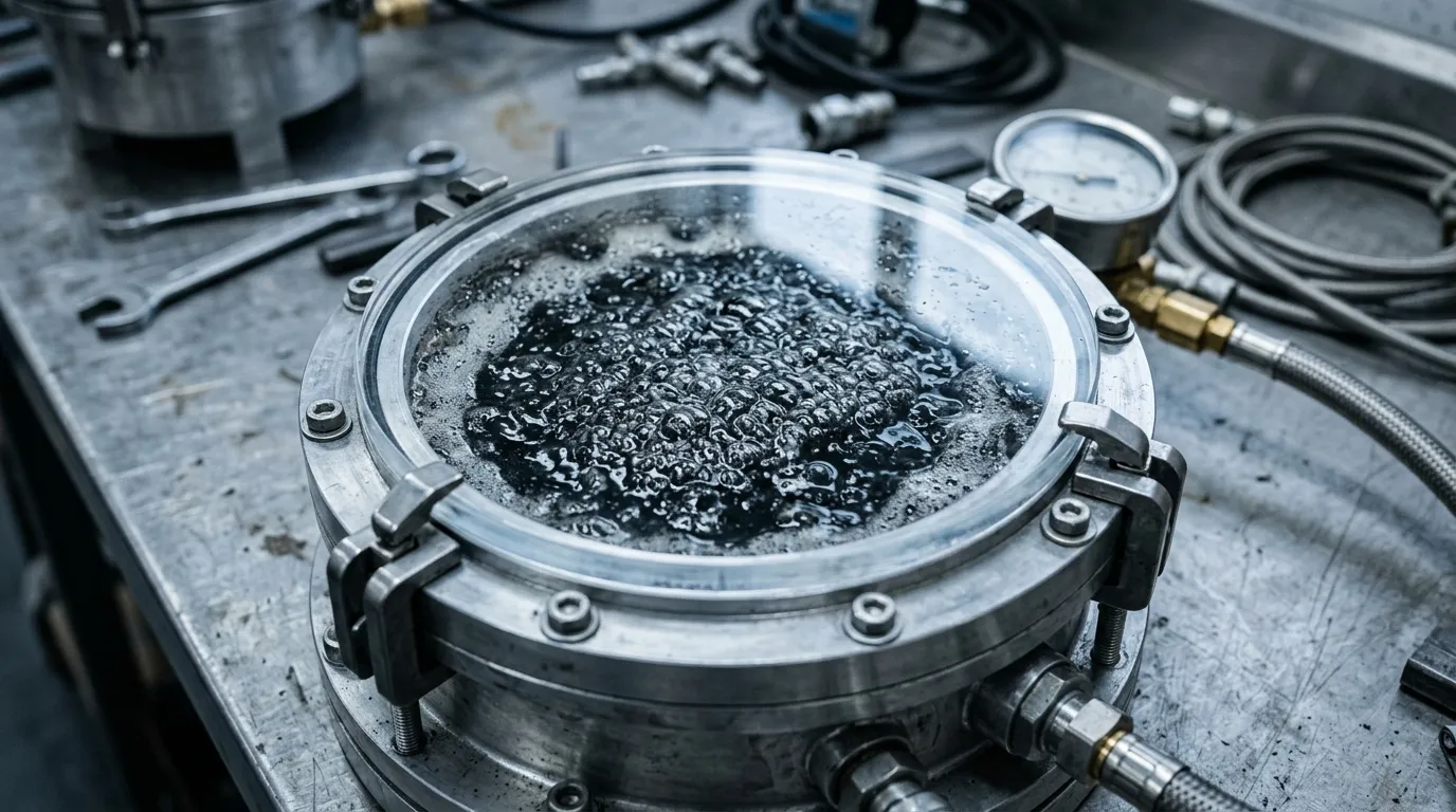 Filled potting compound degassing under vacuum before pouring, air bubbles rising from the resin surface