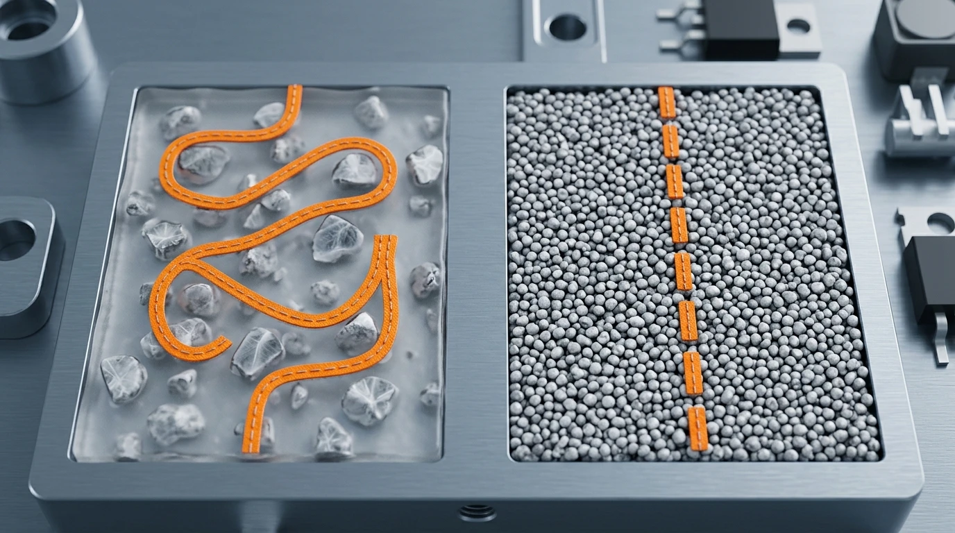 Microstructure comparison showing how dense ceramic filler shortens the electrical breakdown path in a sil-pad type insulator