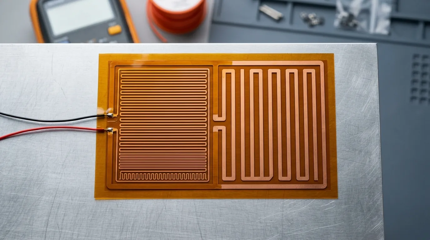 Rectangular amber polyimide heating film laid flat with two distinct etched circuit patterns side by side, dense serpentine on one half and wider meander on the other